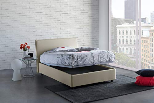 Talamo Italia Letto contenitore Una piazza e mezza Anna, Made in Italy, Letto con rivestimento in tessuto, Apertura frontale, con materasso cm 120x190 incluso, Panna