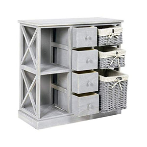 Rebecca Mobili Credenza cucina, cassettiera bagno legno e vimini, 4 cassetti 3 ceste, grigio, shabby country - Misure: 69 x 69 x 30 cm (HxLxP) - Art. RE4016