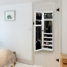 COSTWAY Armadietto per Gioielli con Specchio a Parete e Porta con Luce a LED, Portagioielli da Parete, 106 x 30 x 8,5 cm, Bianco