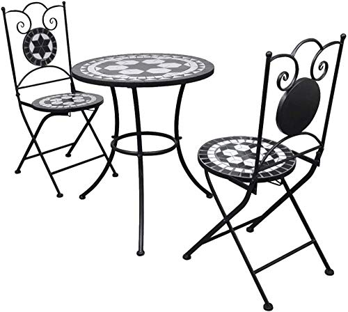 Set di 3 pezzi da balcone, 1 tavolo e 2 sedie da giardino, stile mosaico, mobili da giardino, struttura in ferro, piano in ceramica a scacchi, colore: nero/bianco