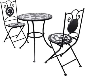 Set di 3 pezzi da balcone, 1 tavolo e 2 sedie da giardino, stile mosaico, mobili da giardino, struttura in ferro, piano in ceramica a scacchi, colore: nero/bianco