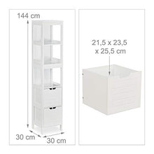 Relaxdays Mobiletto da Bagno, Armadietto a Colonna, 144 x 30 x 30 cm, 2 Cassetti, 3 Scaffali, da Terra, Rustico, Bianco
