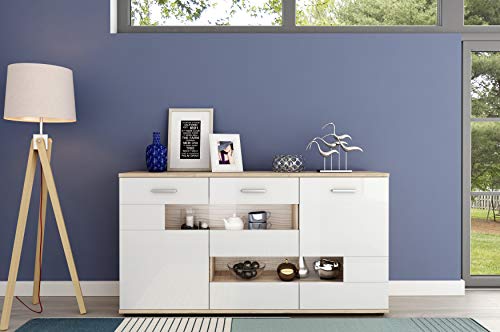 Homeface ESPRIT - Credenza 84-01 Highboard per soggiorno, comò e colore: Bianco/quercia Grandson/2 porte, 8 scomparti chiusi, 2 scomparti in vetro/L/A/P)161,7 x 86,3 x 40,2 cm senza illuminazione a LED, senza decorazione