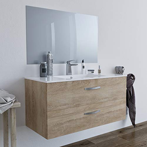 Mobile bagno SOSPESO 120 cm con lavabo in ceramica e specchio con cassetti ROVERE CHIARO LINDA 8220