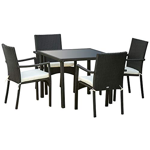 Outsunny Set 4 Sedie da Giardino e Tavolo con Ripiano in Vetro, Arredamento da Esterno in Rattan PE e Metallo, Nero