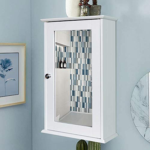BAKAJI Mobiletto Specchiera Bagno Armadietto a Muro 2 Ripiani in Legno MDF con Anta a Specchio Chiusura Magnetica Dimensione 53 x 34 x 15 cm Bianco