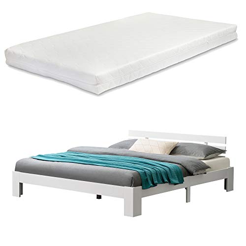 [en.casa] Letto in Legno di Pino con Materasso a Schiuma Fredda 180 x 200 cm Letto Matrimoniale King Size con Testiera in Stile Moderno - Bianco