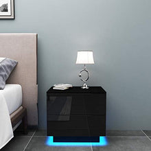 YOLEO Comodino Nero Lucido con LED (55x37x50 cm) / 2 Frontale Cassettiera in Truciolare - Illuminazione a LED - per Camera da Letto, Nero Brillante