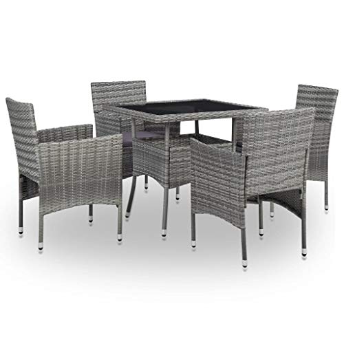 Tidyard Set 5 pz da Pranzo da Giardino in Polyrattan Nero/Grigio e Vetro,Set da Giardino Tavolo e Sedie in Rattan,Set Tavolo e Sedie da Pranzo da Giardino Esterno,Tavolo e 4 Poltrone in Rattan