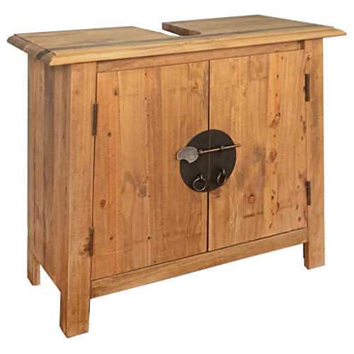 GOTOTOP Mobile sottolavabo | Armadietto Sottolavabo | Mobiletto da Bagno a 2 Ante | in Legno Massello di Pino Riciclato | in Stile Retrò | 70 x 32 x 63 cm