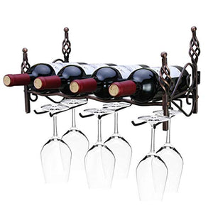 Organizza la Cucina Porta Bottiglie Parete, Scaffale Vino portabottiglie Metallo Vintage Industriale Appeso, Contiene 4 Bottiglie 6 Bicchieri, Bar/casa/Cucina scaffale per Vino, Marrone/Club di