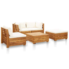 Festnight 5 pz Set Divani Giardino con Cuscini Legno Acacia Divani da Esterno 1 Tavolo + 2 Divani Angolari + 1 Divano Centrale Colore Bianco Crema
