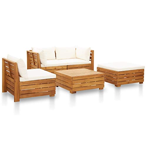 Festnight 5 pz Set Divani Giardino con Cuscini Legno Acacia Divani da Esterno 1 Tavolo + 2 Divani Angolari + 1 Divano Centrale Colore Bianco Crema