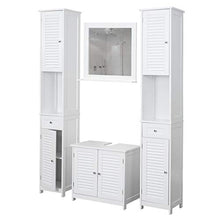 Mendler Set arredi bagno HWC-F75 MDF bianco 2x mobili alti specchio mobile sotto lavabo