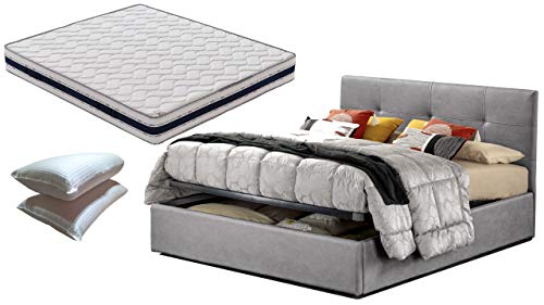 SARDAMATERASSI Letto matrimoniale con box contenitore in similpelle grigio, elegante e moderno, compreso di materasso memory altezza 21 cm ortopedico e coppia guanciali omaggio