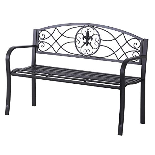 Outsunny Panchina da Giardino Design Floreale Ergonomica con Braccioli per 2 Persone Metallo Nero, 128x50x91 cm