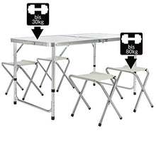 Casaria Tavolo da campeggio pieghevole in alluminio regolabile in altezza XXL con 4 sgabelli 120x60x70cm tavolino a valigetta maniglia di trasporto tavolinetto da picnic