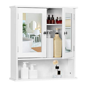 Yaheetech Armadietto Bagno Specchio da Muro Parete Mobile Bagno Sospeso con 2 Ante Mobiletto Pensile Mensola Ripiano Regolabile 58 x 56 x 13 cm