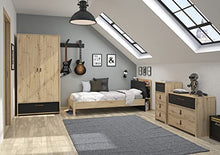 Cassettiera con 3 cassetti, in rovere beige e nero, per camera da letto, design contemporaneo, collezione Aramis