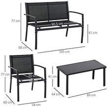 Outsunny Salotto da Esterno, Set 4 Pezzi con 1 Tavolino, 2 Sedie da Giardino e 1 Panca in Metallo, Nero