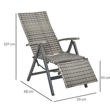 Outsunny Sedia Sdraio da Giardino Pieghevole Reclinabile in Rattan PE con Braccioli e Poggiapiedi, 59x68x107cm Grigio