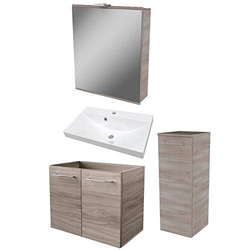 FACKELMANN - Set di mobili da bagno effetto legno, 4 pezzi, con mobiletto sottolavello, 60 cm e armadietto a LED