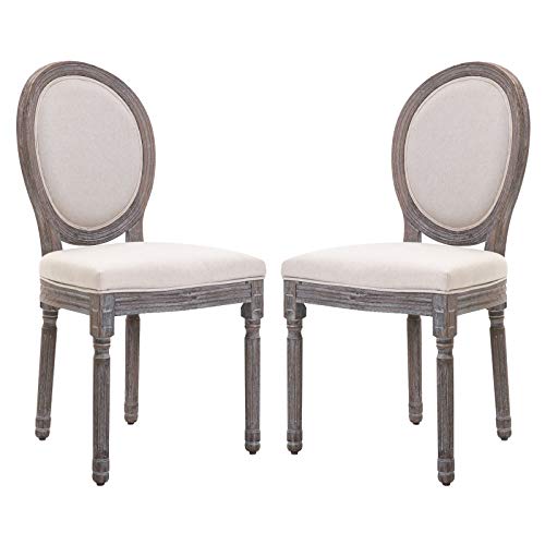 homcom Set 2 Sedie per Soggiorno o Sala da Pranzo Stile Classico rétro in Legno e Lino con Schienale Medaglione Bianco Avorio