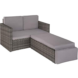 TecTake 800884 Divano Lounge in Rattan, Doppia Sdraio, Pouf con Cuscino, Elevato Comfort di Seduta, Arredamento da Giardino, Nuovo (Grigio)