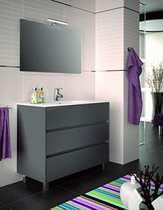 Yellowshop - Mobile Mobiletto da Bagno in Legno Cm 100 Completo di Lavabo in Ceramica E Specchiera LED Arredo Moderno Modello Arenys 1000 (Grigio Opaco)
