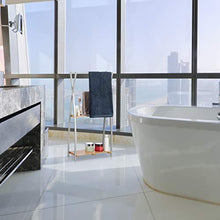 Relaxdays Portasciugamani, Portasalviette, Bagno, 3 Aste, 2 Ripiani, Acciaio e Bambù, 93x46x20 cm, Argentato Naturale
