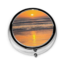 Scatola rotonda per medicina portatile, mini pillole in metallo, dispenser per pillole, borsa da tasca, regalo da viaggio, spiaggia e tramonto