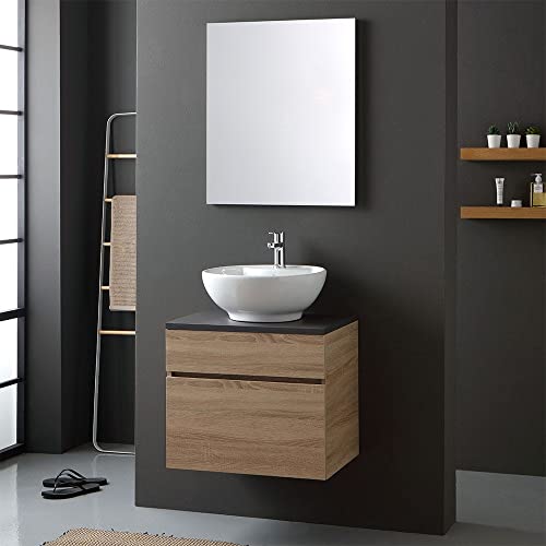Kiamami Valentina MOBILE BAGNO QUERCIA TOP LEGNO ANTRACITE LAVABO DA APPOGGIO TONDO | SOLE