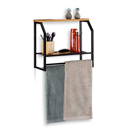 Relaxdays Mensola da Parete con Portasciugamani, Scaffale Pensile per Cucina o Bagno, HxLxP: 41x45x23 cm, Ferro, Nero