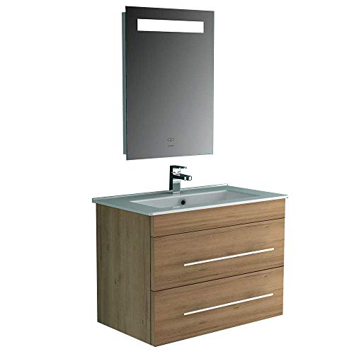 Lavabo in ceramica con mobiletto in rovere opaco, specchio con illuminazione a LED, mobile da bagno per gli ospiti, bagno e lavabo di design a specchio