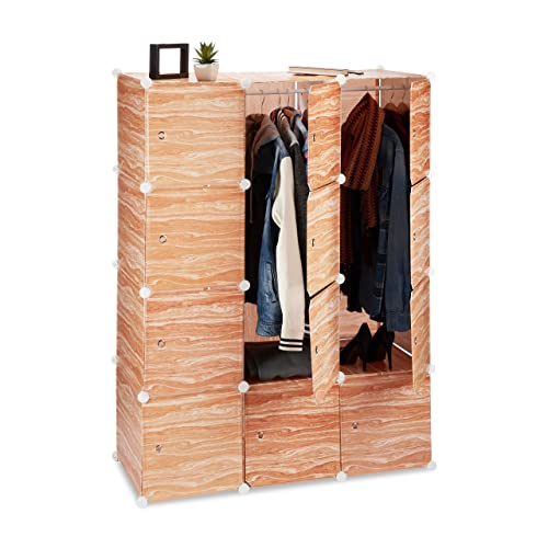 Relaxdays Armadio Componibile, Scaffale con Ante, Bastone Appendiabiti, 8 Scomparti, Effetto Legno, Altezza 145 cm