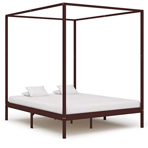 BIGTO - Struttura letto a baldacchino in legno di pino massiccio, per camera da letto, 180 x 200 cm, colore: Marrone scuro