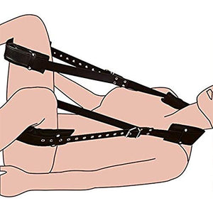 Giocattolo per il corpo umano con divaricatore per coscia aperto in pelle artificiale nera, inclusa cintura di seta rossa e nera