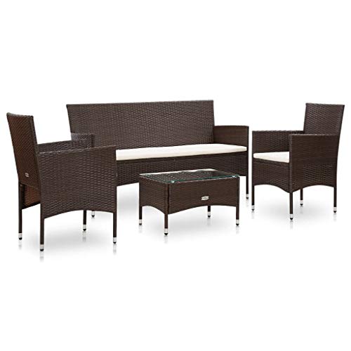 Goliraya Set Divani da Giardino 4 pz con Cuscini in Polyrattan Marrone/Grigio,Salotto da Giardino,Set Mobili da Giardino,Tavolo Rettangoalre+Panca 3 Posti+2 Poltrone da Giardino per Esterno