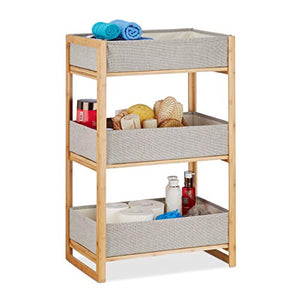 Relaxdays Naturale Scaffale Bagno, con 3 Cestini Portaoggetti Pieghevoli, Mobiletto in bambù HLP: 75x46,5x31,5, Grigio, Poliestere, Cotone, 75 x 46,5 x 31,5 cm