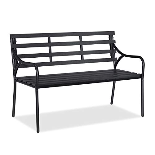 Relaxdays Panca da Giardino Rustica, Seduta a 2 Posti, Arredamento da Esterno, Acciaio & WPC, HPL 83 x 122 x 59 cm, Nero, Acciaio, plastica