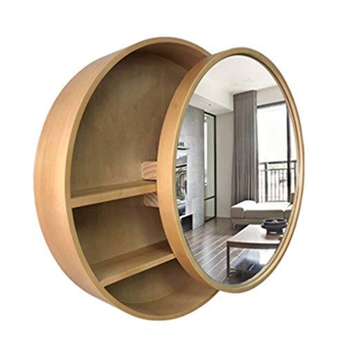 Armadietti a specchio Bagno Scorrevole Specchio da Bagno in Legno Massello con Mensola Trucco Rotondo E Medicazione Specchio da Bagno Attaccapanni