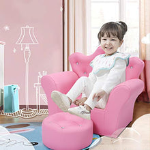 GOPLUS Divano con Poggiapiedi per Bambini, Poltrona Morbida con Struttura in Legno, Set di Divano e Pouf da Soggiorno, Rosa, 58x40,5x48 cm