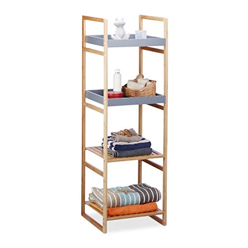 Relaxdays Scaffale Bagno, 10022214 4 Mensole, Libreria in Legno, Mobiletto a Colonna, Alto, Bambù Hxlxp 125,5X40X40 Cm, Grigio, Naturale, 5 X 40 X 40 Cm