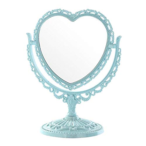 ZXFMT Specchio per Il Trucco, a Forma di Cuore Tavolo Girevole Specchio Compatto Comò in plastica Specchi Beige Rosa Blu Strumento cosmetico 2 Lati