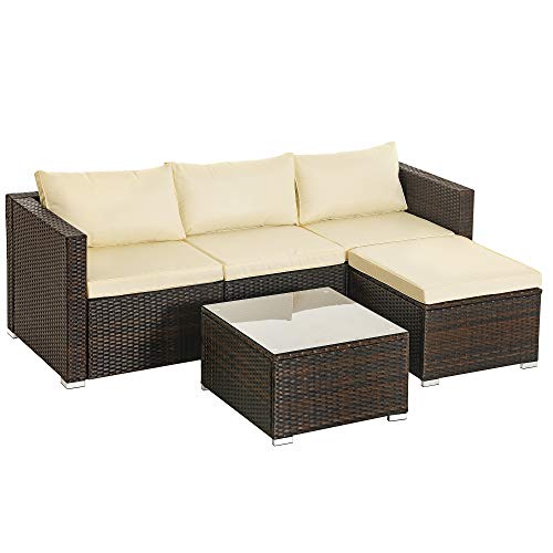 SONGMICS Set di 5 Mobili da Giardino, Salotto da Giardino in Polyrattan Intrecciato a Mano, Divani da Esterno, Tavolino con Piano in Vetro, con Cuscini, Marrone e Beige GGF005K01