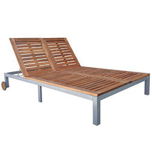 Festnight Lettino Prendisole Matrimoniale Reclinabile con Ruote da Giardino Esterno in Legno e Metallo,Lettino Prendisole Doppio con Ruote,Sedie a Sdraio da Giardino in Legno con Ruote 207x130x88 cm