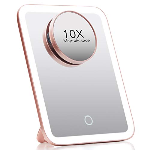 Fancii Specchio per Trucco Portatile con 56 Luci a LED Dimmerabili e Ingranditore 1x e 10x - Specchio Cosmetico Illuminato da Viaggio con 3 Ambiente di Luce, Supporto Regolabile -Aura Go (Oro Rosa)