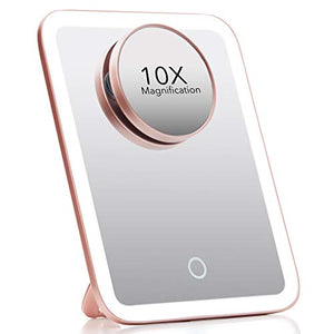 Fancii Specchio per Trucco Portatile con 56 Luci a LED Dimmerabili e Ingranditore 1x e 10x - Specchio Cosmetico Illuminato da Viaggio con 3 Ambiente di Luce, Supporto Regolabile -Aura Go (Oro Rosa)
