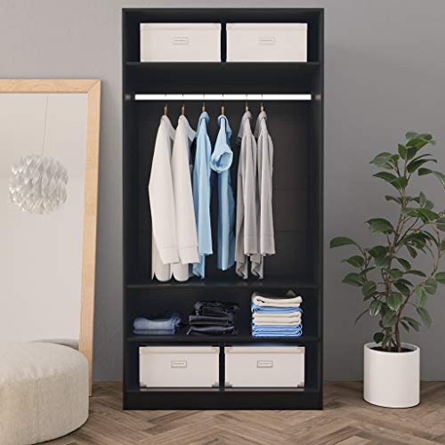 GOTOTOP Armadio guardaroba in truciolato, armadio senza porta, con 3 ripiani e 1 asta appendiabiti, per soggiorno, camera da letto, 100 x 50 x 200 cm, colore: nero