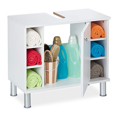 Relaxdays Mobile Sottolavabo, Armadietto Bagno con 1 Anta, 53,5x60x32 cm, 7 Scomparti & Apertura per Sifone, Bianco, 90% Fibra 10% plastica, 1 pz